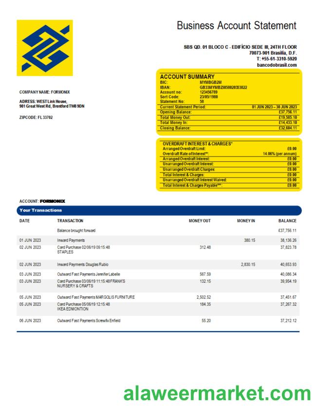 Banco do Brasil bank organization account statement Word and PDF template